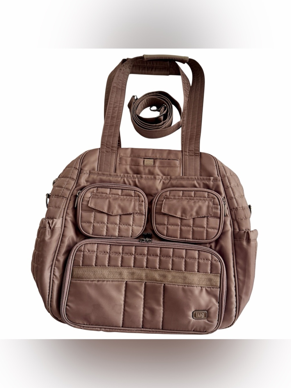 LUG Quilted Travel Weekender Tote Bag Brown Detachable Strap Vegan & Clear Pouch